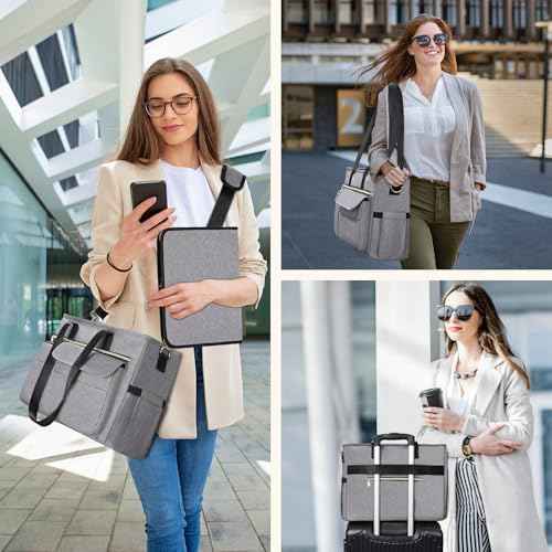 ESTARER Teacher Tote Bag for Women 2Pcs, 15.6'' Laptop Work Bag Computer bag w/Expandable File Folder, Large Water-Resistant Messenger Shoulder bag w/Insulated Pocket for Office/Travel/College, Grey