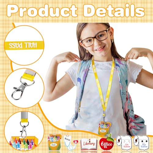 Adecortalk Acrylic Hall Pass Lanyards Set for School & Office, 6 Pack - Cute Classroom Passes for Restroom, Library, Nurse, and More