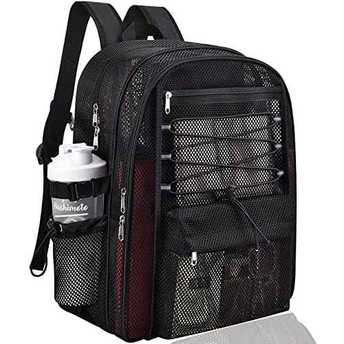 Mesh Backpack Heavy Duty for School, 35L Extra Large Mesh Bookbag for Adults, See Through Mesh Black School Bag with Laptop Pocket for Work Swimming Beach Fitness Sport