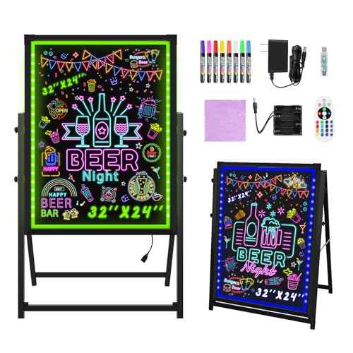 Hosim Standing A-Frame LED Message Writing Board, 32¡±x 24" Illuminated Erasable Neon Effect Restaurant Menu Sign Board with 8 Colors Fluorescent Markers and 16 Lighting Colors DIY Message Chalkboard