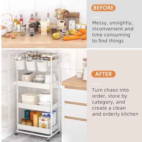 JIUYOTREE 4-Tier Plastic Rolling Storage Cart Utility Cart with Extra Hanging Cups Handles Lockable Wheels for Living Room Bathroom Kitchen Office White