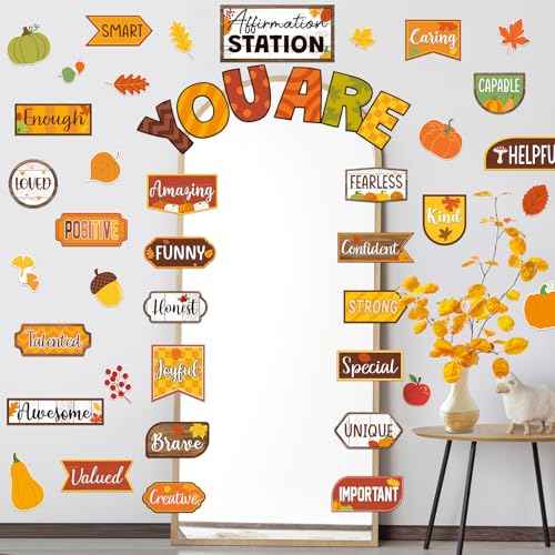 45 Pcs Fall Thanksgiving Affirmation Station Bulletin Board Set Autumn Motivational Posters Classroom Mirror Growth Mindset Decor Positive Accents Cutouts for School Office Home Teacher Wall