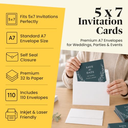 Sensei Supplies 110 Pack White 5x7 Envelopes for Invitations - Self Seal, 120 GSM - Single Pack