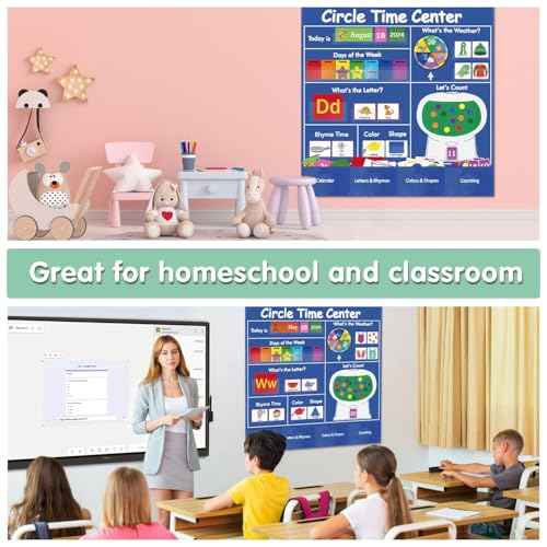 Boczif Circle Time Learning Center Pocket Chart for Classroom, Educational Teaching Materials Learning Calendar Weather Number Counting Letter Color Shape Wording Rhyme Pictures (Blue)
