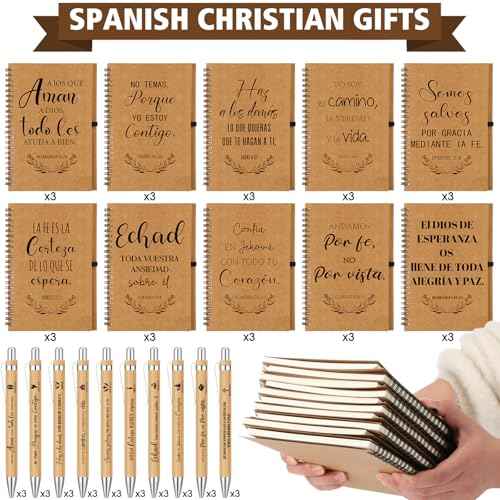 60 Pcs/30 Sets Regalos Cristianos En Espa?ol Spanish Christian Notebooks with Pen Spanish Religious Gift Bulk Motivational Journals Inspirational Pen Thank You Gift for Church (Kraft Color)