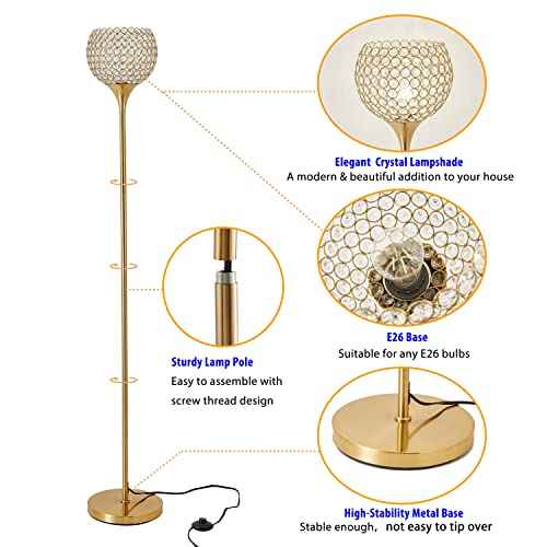 Spherical Crystal Floor Lamp, Gold 8.7 in Shade Elegant Standing Light with Crystal lamp Shade, Modern 61 in Tall Pole Lighting for Living Room, Bedroom, Office, E26 Base, LED Bulb Included