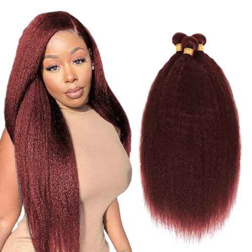 #99J Burgundy Bundles Human Hair Yaki Straight Bundles 18 20 22 Inch Wine Red Kinky Straight Bundle Unprocessed Brazilian Virgin Weave Hair 3 Bundle 50 Gram Per Bundle