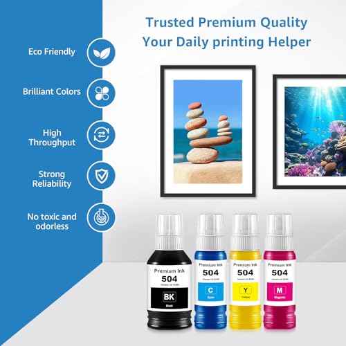 504 Ink Refill Bottles Replacement for T504 BK T504 C T504 M T504 Y Ink Bottle Compatible for L4150 L4160 L6171 Printer Ink 504 (1Black 1Cyan 1Magenta 1Yellow, 4-Pack)
