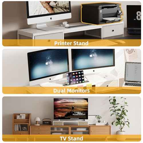 Dual Monitor Stand Riser with 2 Drawers - 39Inch Large Storage Computer Monitor Stands for 2 Monitors, Wooden Desktop Organizer Perfect for Home Office Desk, Computer, Laptop, TV, White