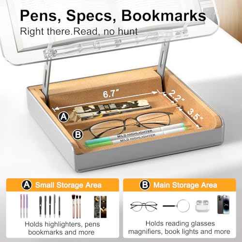 Book Stand with Storage, Book Holder for Reading Hands Free, Clear Acrylic Cookbook Stand for Kitchen Counter, Adjustable Reading Stand for Desk, Recipe Stand, Book Prop for Book Lovers