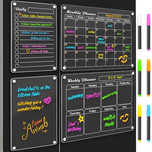 DIYMAG Magnetic Calendar for Refrigerator Fridge White Board Dry Erase Whiteboard Acrylic Magnet Clear Checklist Chalkboard Apartment Decor Monthly Wall Meal Planner 4 Pack with 6 Colors Markers