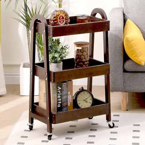 3-Tier Wooden Rolling Cart- Wooden Utility Cart wit Wheels- Utility Rolling Cart-Storage Trolley Organizer- Rolling Kitchen Cart Serving Cart for Office,Kitchen, Kids' Room (Walnut Color)
