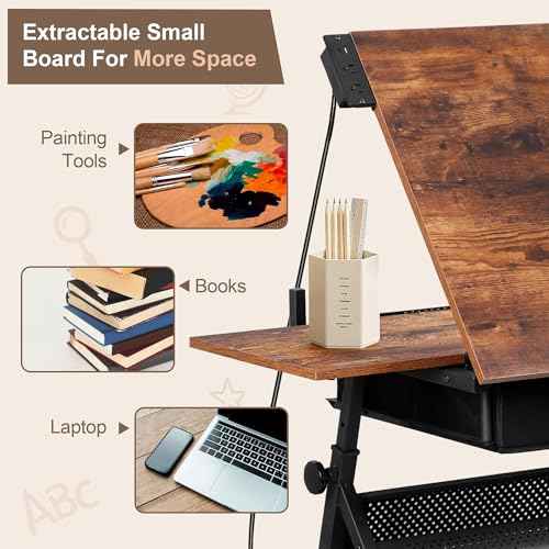 ZENY Adjustable Drafting Table with Stool, Tilting Drawing Desk Artist Table with Storage Drawers, Art Craft Workstation for Home Office Reading, Writing, Crafting