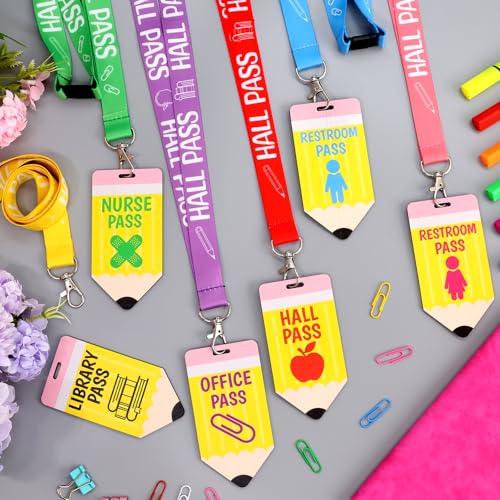 Classroom Hall Passes with Lanyards - 6 Pack, Wooden & Colorful Polyester Straps