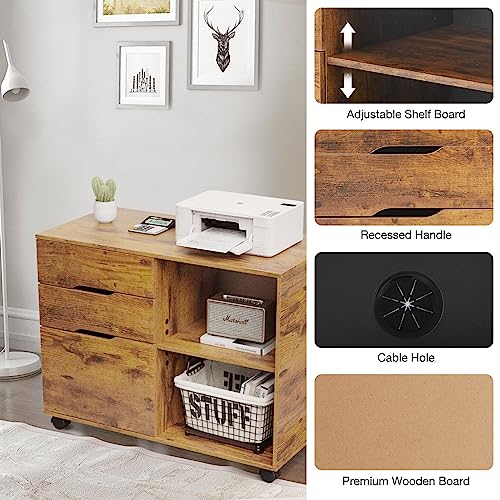 OLIXIS Brown 3-Drawer Lateral File Cabinet with Rolling Printer Stand