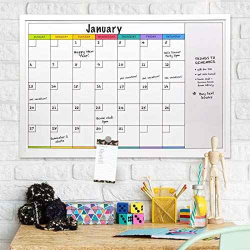 Excello Global Products Magnetic Dry Erase Calendar Whiteboard: Large 20"x30" Weekly Monthly Format Reminder Note Section Planner Erasable Wall Mounted Office School White Board