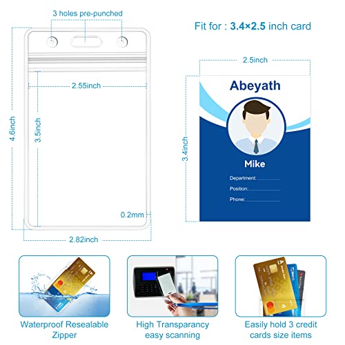 Abeyath 10 Pack Extra Thick Waterproof ID Card Badge Holders - Clear PVC Vertical Sleeves, Resealable, Heavy Duty