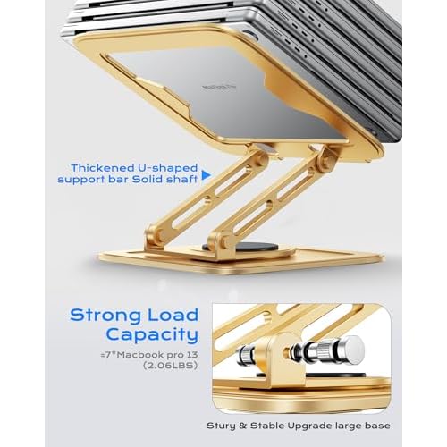 Adjustable Laptop Stand, Computer Stand with 360 Rotating Base, Ergonomic Laptop Riser Mount for Desk Foldable Protable Computer Desk Fits with MacBook Pro Air (10-16") - Gold