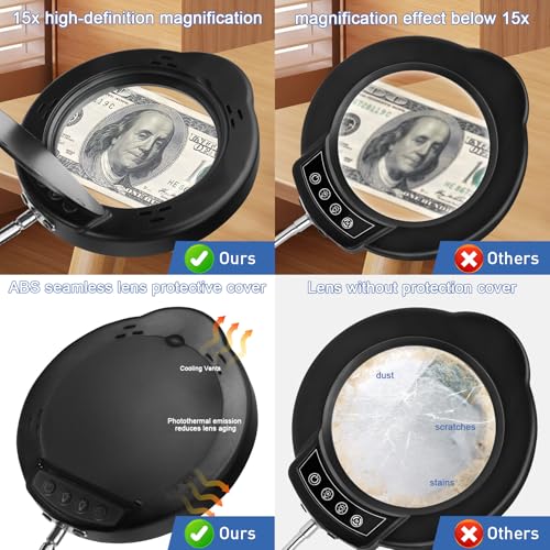 15X Desk Magnifying Glass with Light and Stand,Real Glass EyeCare LED Lighted Magnifier,5 Color Modes Stepless Dimmable,Hands Free 2-in-1 Desk Lamp for Craft Reading Painting Hobby Close Work