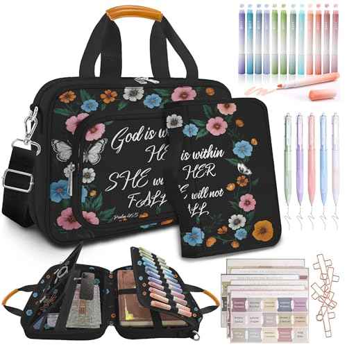 Colorful Floral Bible Cover for Women,Large Bookmark Church Bag,Bible Bags for Women Organizer,Bible Study Supplies Journaling Kit Book Carrying Case with Bible Highlighters Shoulder Strap