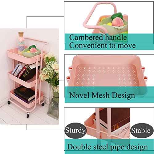 3-Tier Multifunction Rolling Cart Utility Storage Shelves Cart with Hanging Cup Lockable Wheels and Handle for Office Living Room Kitchen Bathroom (Pink)