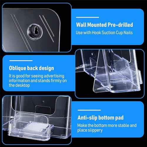 Remerry 4 Set 6.5 Inch Wide Acrylic Brochure with Business Card Holder, Bifold Clear Brochure Display Stand Flyer Literature Magazine Pamphlet Booklet Holder for Desk or Wall Mount Display