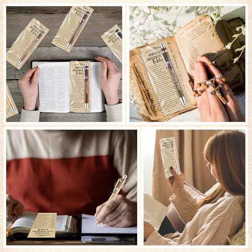 50 Sets Christmas Christian Pens Bulk Bible Verse Religious Ballpoint Bamboo Pens with Bible Verse Emergency Numbers Bookmarks Church Gifts for Women Men Pastor Godmother Teacher (Spanish)