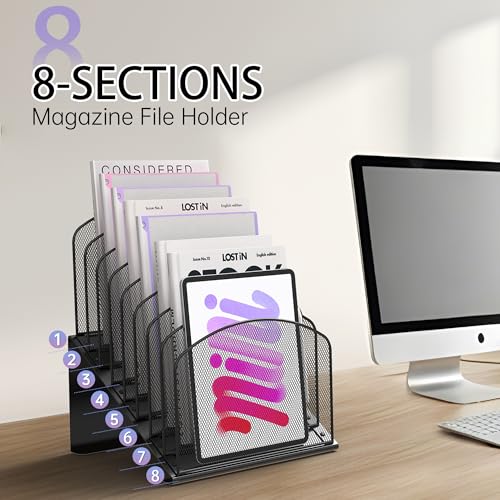 Inclined Desk File Organizer Metal Desk Magazine Folder Holder with 8-Section Vertical Compartments Rack File Organizer for Office, Home, School, Black