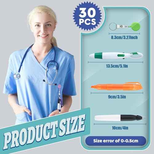 Fulmoon 150 Pcs Nurse Pen Set 30 Retractable Nursing Badge Reel 30 Ballpoint Pens 30 Mini Highlighter 30 Permanent Marker Pen 30 Metal Open Circles for Christmas (Bright Color,Classic)