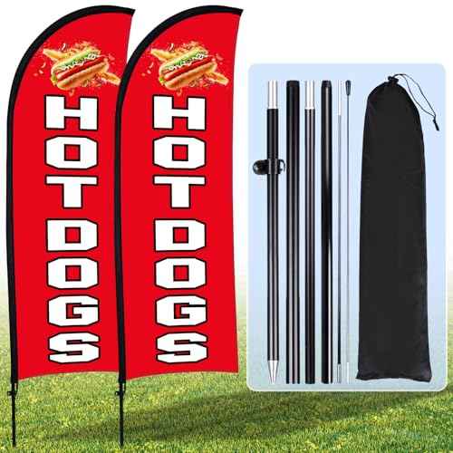 Buryeah 2 Sets Hot Dogs Feather Flag Kit 7 x 5.4 ft Hot Dogs Swooper Flag Pole Kit with Pole Ground Stake and Portable Bag Hot Dog Sign for Restaurant Advertising Business Outside Ground(Red)