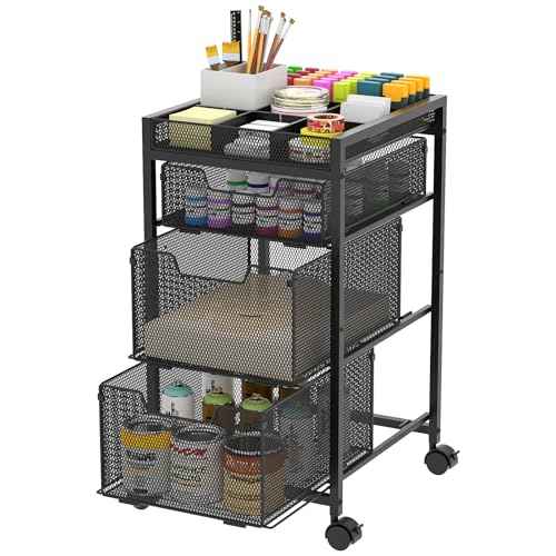 Rolling Utility Cart with 3 Drawers, Craft Organizer and Storage with DIY Divider, Lockable Wheels, Multi-Functional Storage for Art Supplies, Store for Brushes & Paints & Small Parts(Patent Pending)