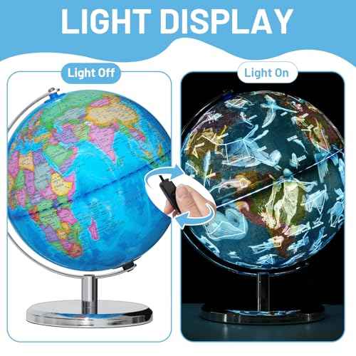 9" Illuminated Globes, 88 Constellations Map & Built-in LED Light & Learning 3-in-1, USB Charging, None-Slip Stainless Steel Stand for Classroom Education & Bedroom Decor, Inspire Geography Interest