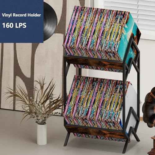 2 Tier Vinyl Record Storage-Holds 80-100 LP Albums,Quick Assembly Vinyl Record Holder with Adjustable Dividers, Home & Studio Record Organizer for Magazine, Book, Files