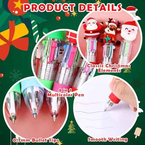 100 Pcs Multicolor Christmas Ballpoint Pen 4-in-1 Retractable Holiday Ink Pens 0.7mm Xmas Santa Snowman Reindeer Writing Pens for Students Christmas School Office Supplies Gifts