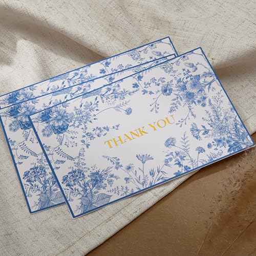 Crisky 100 Pack Blue Floral Thank you cards Gold Foil Greeting Notes Bulk with Envelopes & Stickers for Birthday, Baby Shower, Bridal Shower, Wedding, Graduation