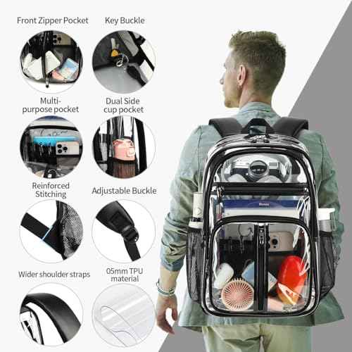 Cusangel Clear TPU XL Backpack,18" See Through Heavy Duty Bookbag,18 x8 x13inch X-Large Capacity Stadiums, warehouses, school and other security check locations(Black)