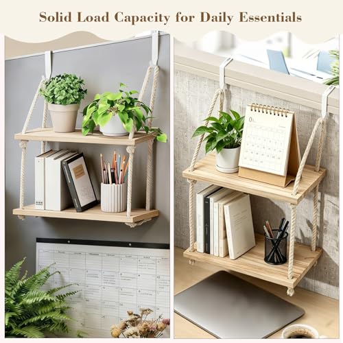 Natural Wood 2-Tier Cubicle Shelf with Hooks - Office Organizer & Wall Mount