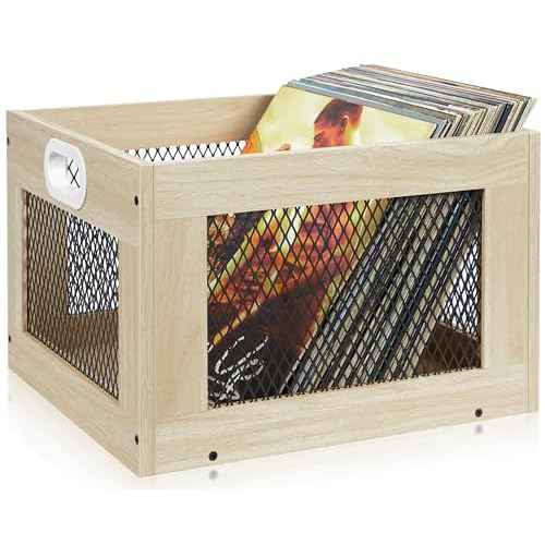 Vinyl Record Storage Crate£¬ Classic Cube Record Organizer Storage 80+ Records, Multifunctional wood Record Holder with Handle, Great for Record Album Magazine Storage,white¡¦¡¦