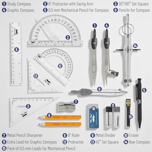 Mr. Pen Classic Slate Geometry Set with 6-Inch Swing Arm Protractor, 15 Pieces
