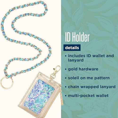 Lilly Pulitzer Lanyard with ID Holder, Keychain Wallet for School or Office, Gold Zipper Wallet, Badge Holder with Clear Window and Card Slots, Soleil It On Me
