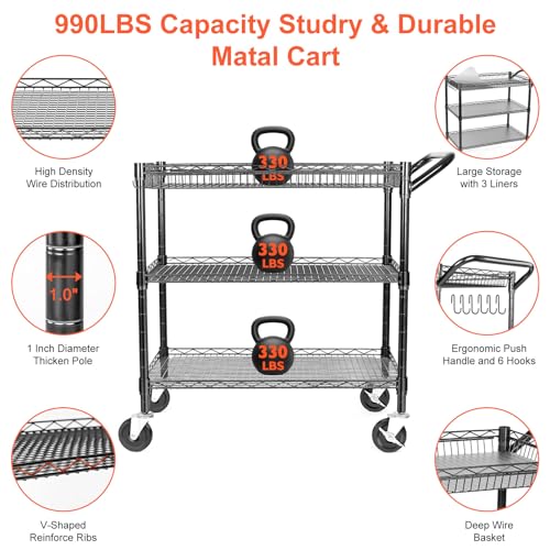 BolDuck Heavy Duty Utility Cart 990Lbs Capacity 3-Tier Kitchen/Serving Cart with Wheels, Black