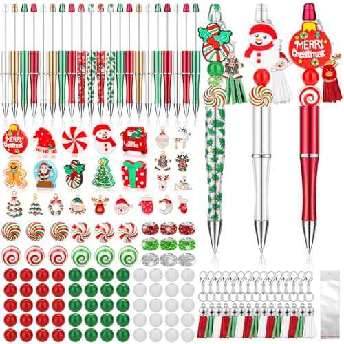 220 Pcs Christmas Beaded Pens Bulk,22 Sets Christmas Pens Bulk with Christmas Focal Beads, Silicone Beads, Christmas Charms and Tassels, DIY Beadable Pens Gift for Office School Students