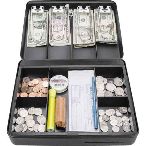 Barska 12-Inch Fold Out Cash Box with Key Lock ? Drop Slot, 4 Bill Compartments, 5 Coin Tray Sections, Steel Construction, Portable Money Box for Home, Office, or Events