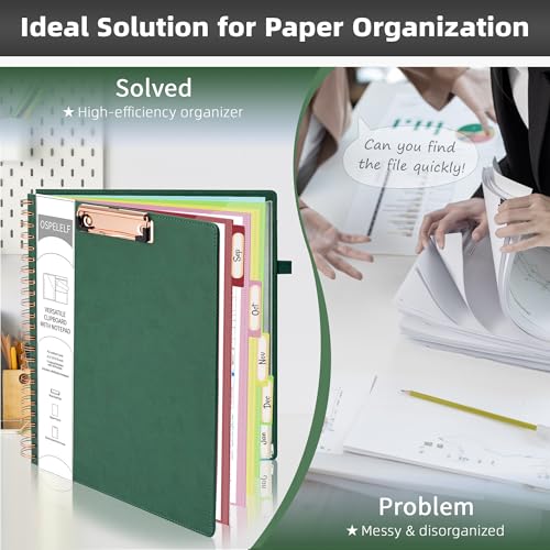 Ospelelf Green Leather Clipboard Folio with Notepad, 5 File Folders & 39 Labels