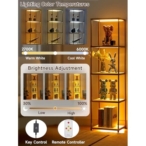 MANBUR Display Shelf with Dimmable LED Floor Lamp, Display Cabinet with Glass Bookcase, Home Decor, Bedroom Decor, Bookshelf with Light, Open Book Shelf with 5-Tier Shelf for Living Room Decor Gold