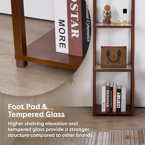 Floor Lamp with Shelves, Modern Shelf Lamps with Tempered Glass, Standing Lamp with LED Bulb, Display Corner Shelf with Lights for Living Room, Bedroom, Office,Walnut Brown