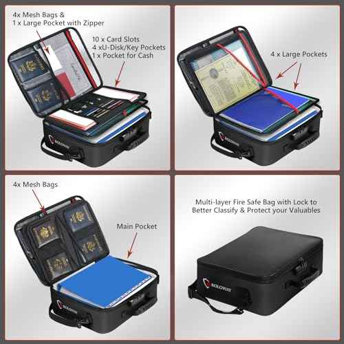 ROLOWAY 5200¡ÆF Fireproof Document Bag with Lock (17 x 12.3 x 5.3 inch), Upgraded Heat Insulated Fireproof Bag with Multi-Layer File Organizers, Important Document Storage for Home Safe