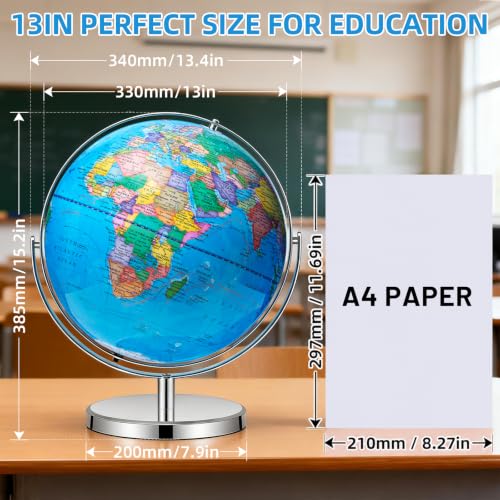 BSHAPPLUS 13-Inch World Globe with Metal Stand, 720° Full Rotation, Not Illuminated