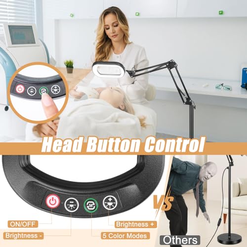 10X Magnifying Glass with Light and Stand, 3-in-1 Magnifying Floor Lamp with Clamp, 5 Color Modes LED Dimmable Standing Magnifier with Light Hands Free for Close Work, Sewing, Painting, Reading