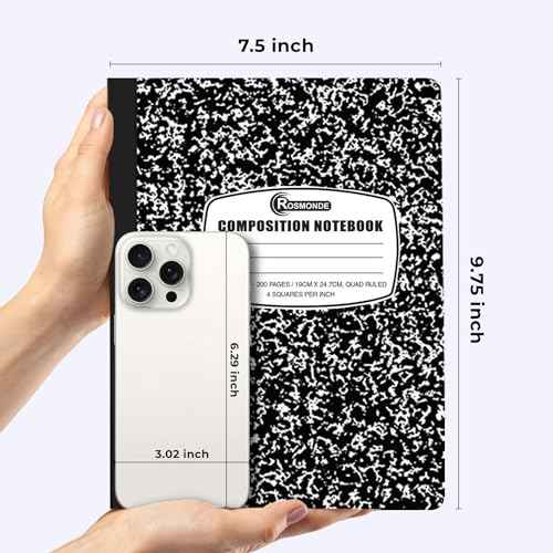 Rosmonde Graph Paper Composition Notebook, 5 Pack, 200 Pages (100 Sheets), Quad Ruled Composition Notebook, Graph Notebooks, 4x4 Grid Composition Notebook, Black Marble, Sewn Hard Cover, 9-3/4 x 7-1/2
